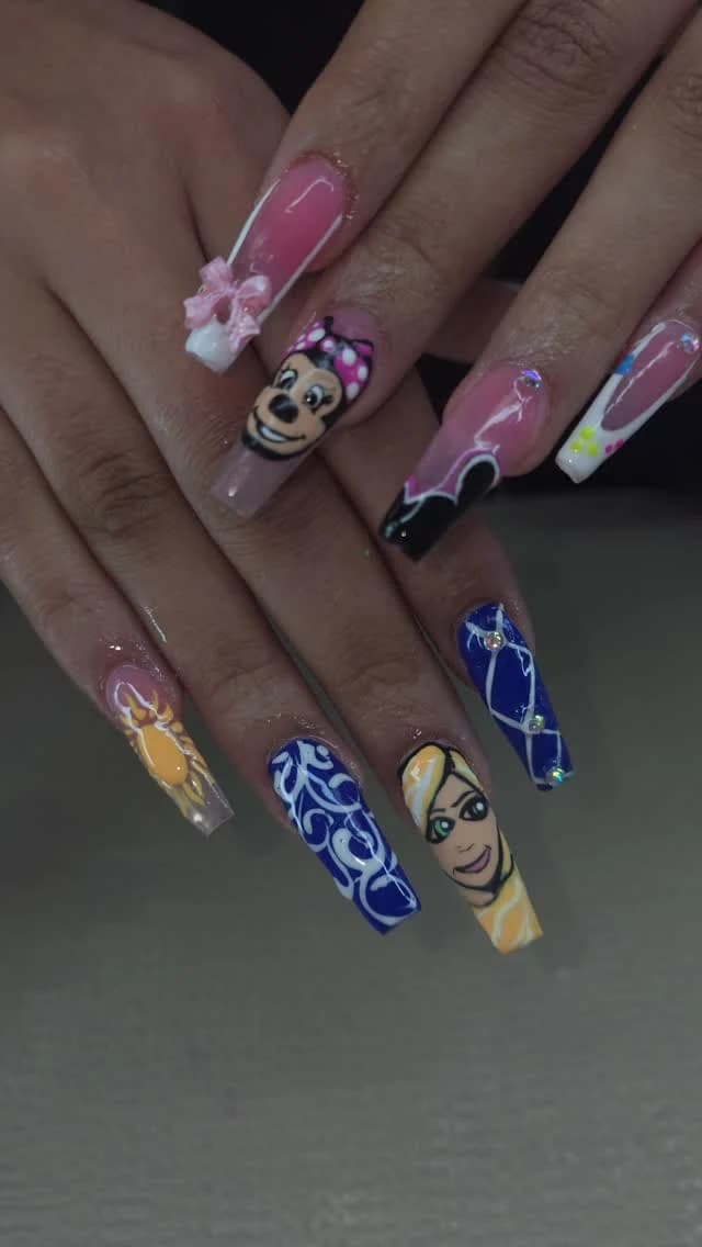 Pink and blue character nail art