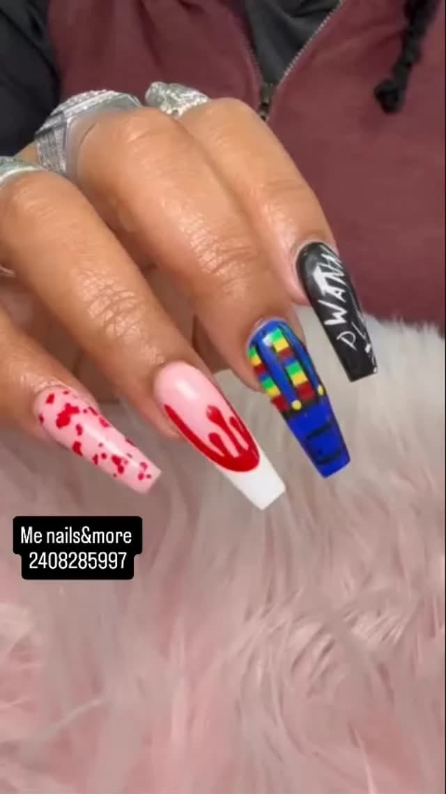 Custom colorful long nail art from the Me Nails and More Instagram feed