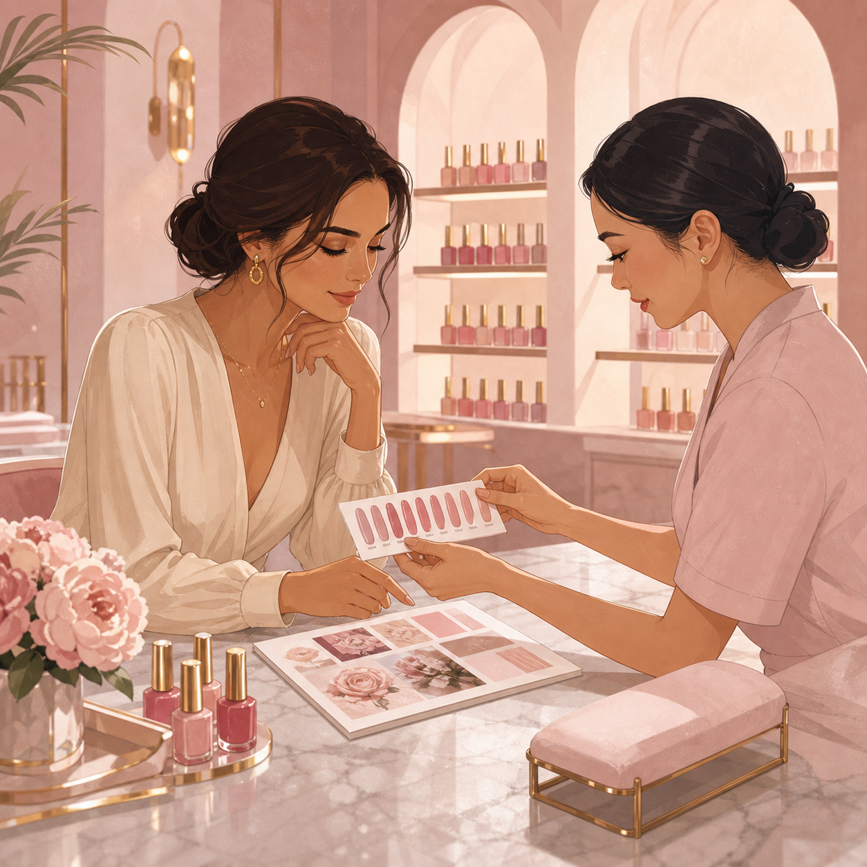 Client and nail technician choosing a pink nail color palette
