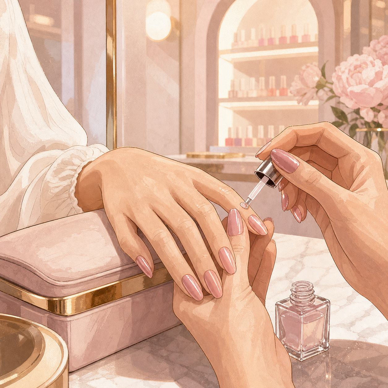 Woman showing finished glossy pink nails with sparkle accents