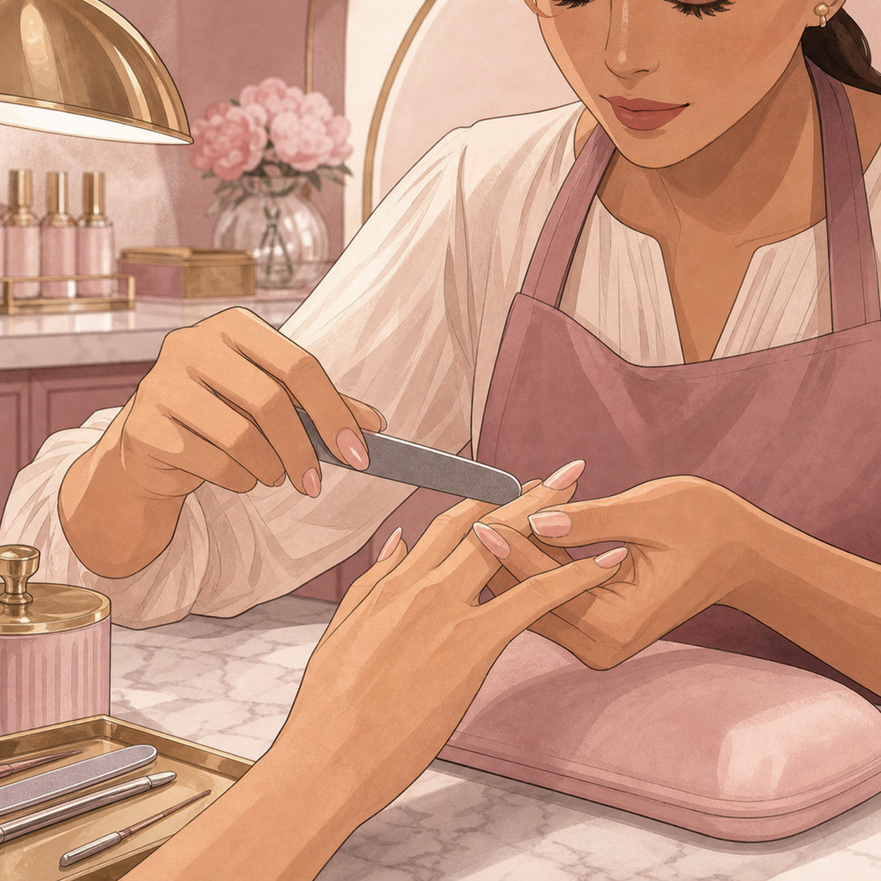 Nail technician shaping glossy pink nails at a manicure table